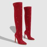 Rhinestone Knee High Boots with Pointed Side Zipper
