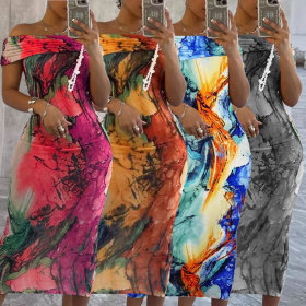 One Shoulder Printed Sleeveless Elastic Hip Wrap Dress