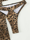 Leopard Print Neck Hanging Three Piece Mesh Swimsuit