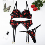 Embroidered Love with Chest Cushion Hollow Sexy Three Piece Set