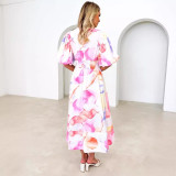 Floral Printed Bubble Sleeve A-line Long Skirt