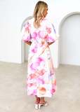 Floral Printed Bubble Sleeve A-line Long Skirt