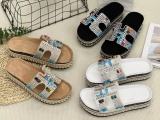 Diamond Faced Colorful Hemp Rope Thick Sole Slippers, Beach Cork Slippers