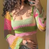 Square Necked Colorful Striped Handmade Crochet Long Sleeved Top