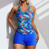High Waisted Flat Angle Pants Floral Swimsuit, Solid Color Swimsuit