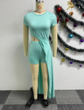 Solid Color Hollow Elastic Tight Fitting Split Strap Mid Length Skirt Two-piece Set