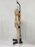 V-neck Three-dimensional Flower Wrap Buttocks Lantern Sleeve Dress