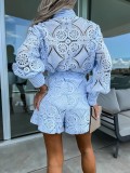 Solid Color Single Breasted Stand Up Collar Lace Shorts Set