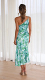 Diagonal Neckline Suspender Fishtail Print Dress