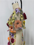 V-neck Three-dimensional Flower Wrap Buttocks Lantern Sleeve Dress