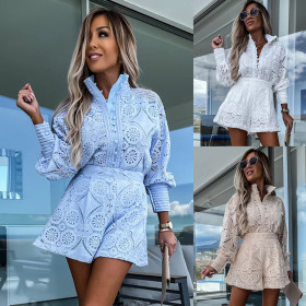 Solid Color Single Breasted Stand Up Collar Lace Shorts Set