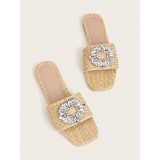 Flat Heeled Open Toe Woven Shoes with Rhinestone Buckle Casual Sandals and Slippers