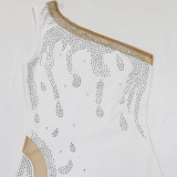 Diagonal Shoulder Irregular Wrapped Hip Solid Color Hot Diamond Party Dress