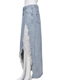 Denim Wash Pocket Split Tassel Skirt