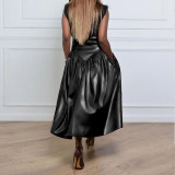 PU Leather Half Length Skirt with Pockets