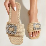 Square Head Grass Woven Flat Heels for Daily Casual Versatile Slippers