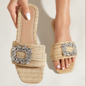 Square Head Grass Woven Flat Heels for Daily Casual Versatile Slippers