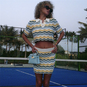 Open Navel Lapel T-shirt High Waisted Tight Fitting Hip Wrapped Short Skirt Set