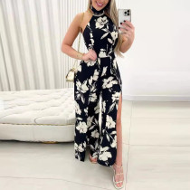 Flower Print Holiday Style Hanging Neck Backless Side Opening Jumpsuit