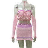 Pearl Neck and Sleeve Sleeves Wrapped in Chest and Buttocks Skirt Knitted Set
