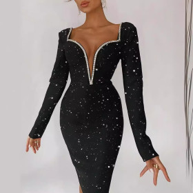 Black Silver Sparkling V-neck Gift Dress