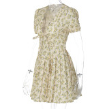 Deep V Slim Waist Short Sleeved Medium Pleated Floral Dress