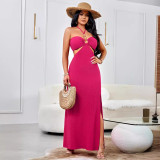 Casual Solid Color Hanging Neck Hollow Open Slit Dress