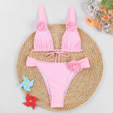 Solid Color Drawstring Tied Bikini 3D Floral Split Swimsuit