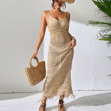 Fringe Beach Skirt Sleeveless Knitted V-neck Dress