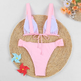 Solid Color Drawstring Tied Bikini 3D Floral Split Swimsuit