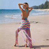 Wave Patterned Fringe Beach Cover Up Skirt Set