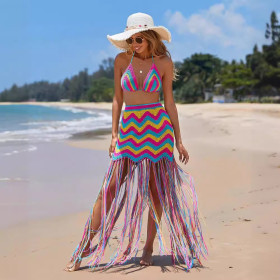 Wave Patterned Fringe Beach Cover Up Skirt Set