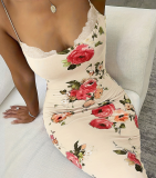 Flower Print Patchwork Lace Camisole Skirt