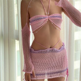 Pearl Neck and Sleeve Sleeves Wrapped in Chest and Buttocks Skirt Knitted Set