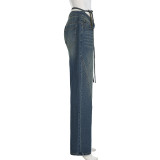 High Waisted V-shaped Strap Loose Straight Leg Versatile Denim Pants