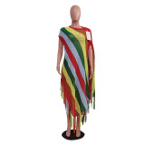 Knitted Colorful Striped Fringe Beach Skirt
