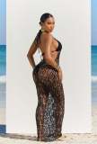 Cup Shaped Thong with Hollowed Out Bare Back and Neck Hanging Three Piece Beach Skirt Set