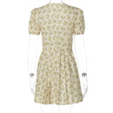 Deep V Slim Waist Short Sleeved Medium Pleated Floral Dress