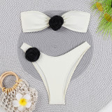 Solid Color Strap 3D Floral Bikini Split Swimsuit