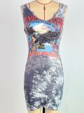 Tie Dyed Eagle Print Sleeveless Tight Fitting Dress