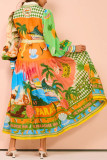 Printed Cardigan with Lace Up Graffiti Hem Long Sleeved Dress