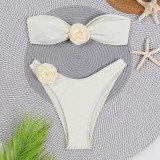 Solid Color Strap 3D Floral Bikini Split Swimsuit