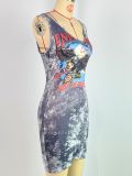 Tie Dyed Eagle Print Sleeveless Tight Fitting Dress