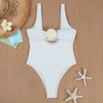 Solid Colored Floral Shoulder Strap Two-piece Swimsuit