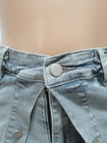 Button Fake Two Pieces of Elastic Waist Denim Short Skirt Pants