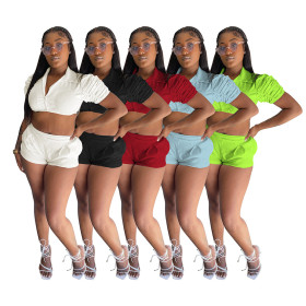 Solid Color Y2K Bubble Sleeve Pile Up Sleeve Shirt and Shorts Set