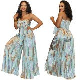 Two Piece Set of Printed Strapless Open Navel Wide Leg Pants