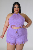 Plus Size Women's Tassel Fishing Net Knitted Casual Two-piece Pants Set