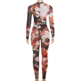 Mesh Printed T-shaped Tight Lifting Hip Jumpsuit