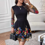 Embroidered Mesh Patchwork Long Sleeved Dress